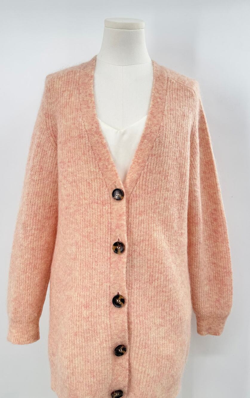 Ganni Tangerine Peach Mohair Wool Cardigan Sweater Longline Fuzzy Knit S